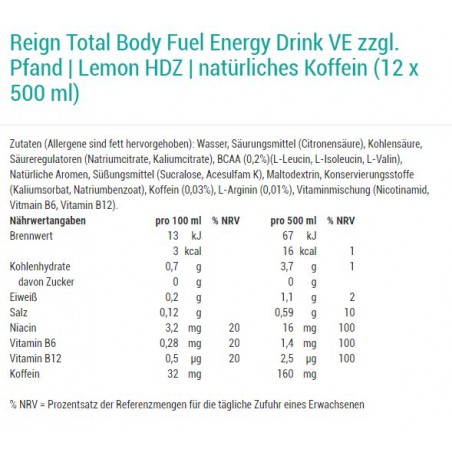 Reign Total Body Fuel Energy Drink Amino Lemon 500ml